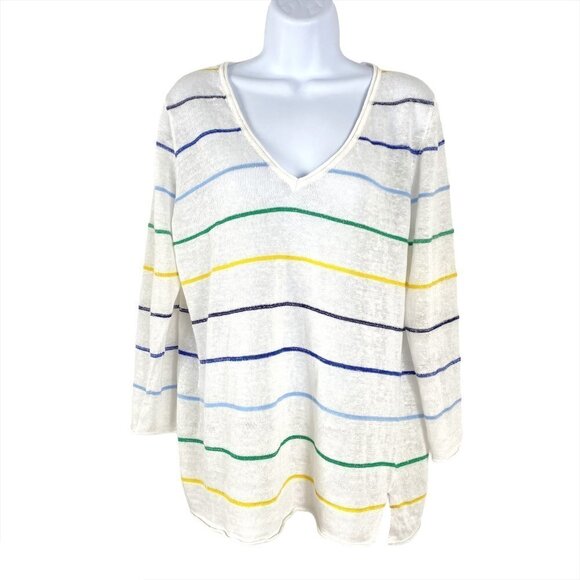 In Cashmere Top Linen Multicolored Striped V-Neck - Picture 1 of 7